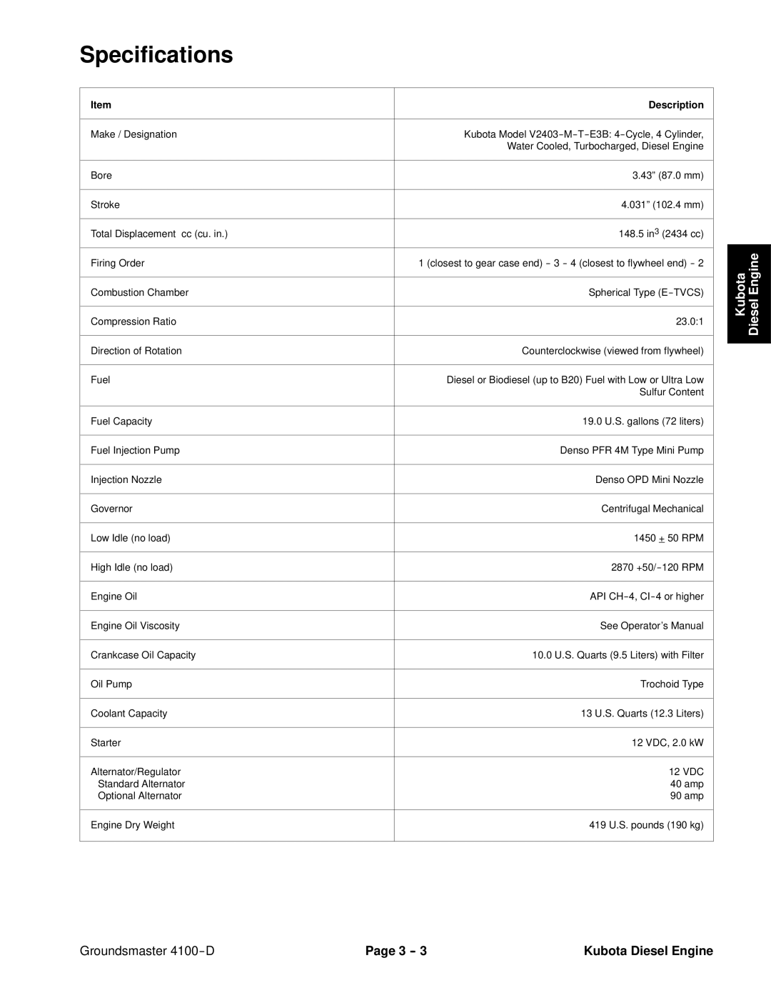 Toro 4100-D service manual Specifications, Description 