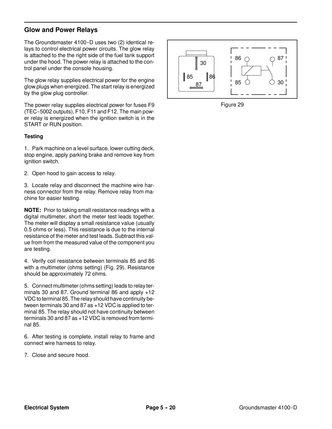 Toro 4100-D service manual Glow and Power Relays 