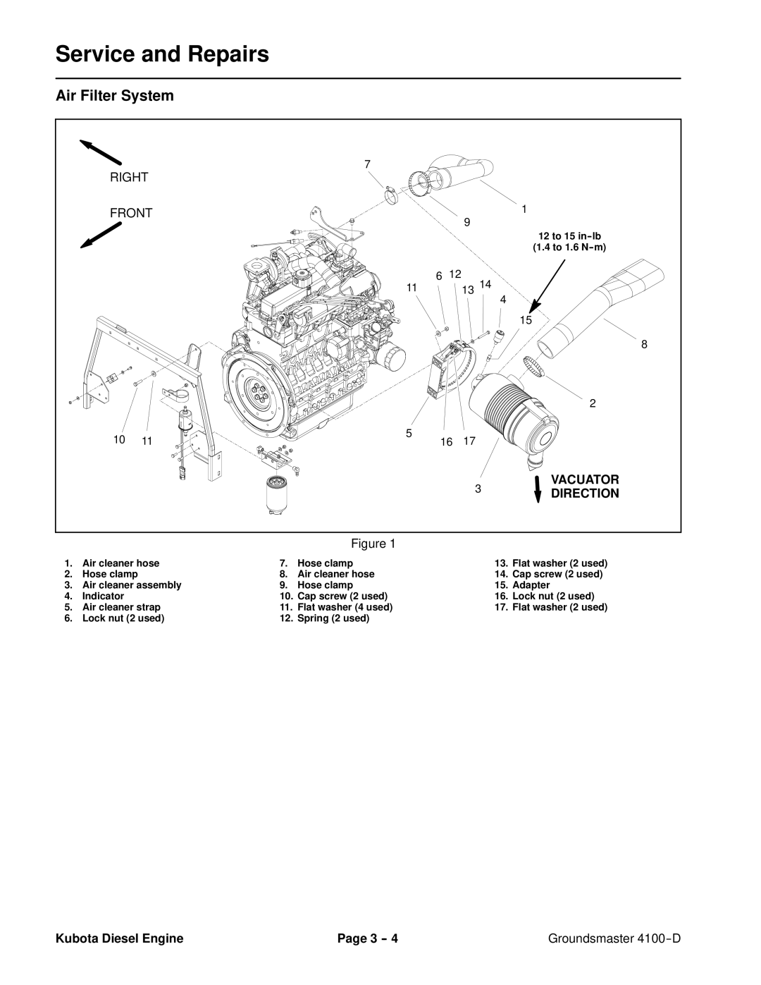 Toro 4100-D service manual Service and Repairs, Air Filter System, Kubota Diesel Engine Groundsmaster 4100--D 