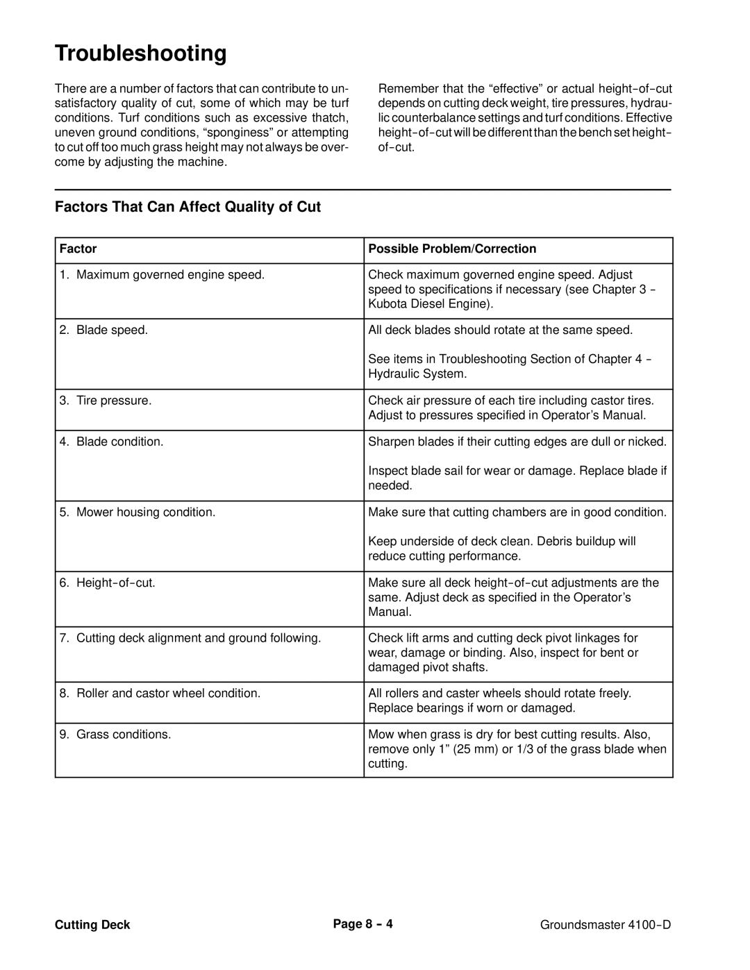 Toro 4100-D service manual Factors That Can Affect Quality of Cut, Factor Possible Problem/Correction 