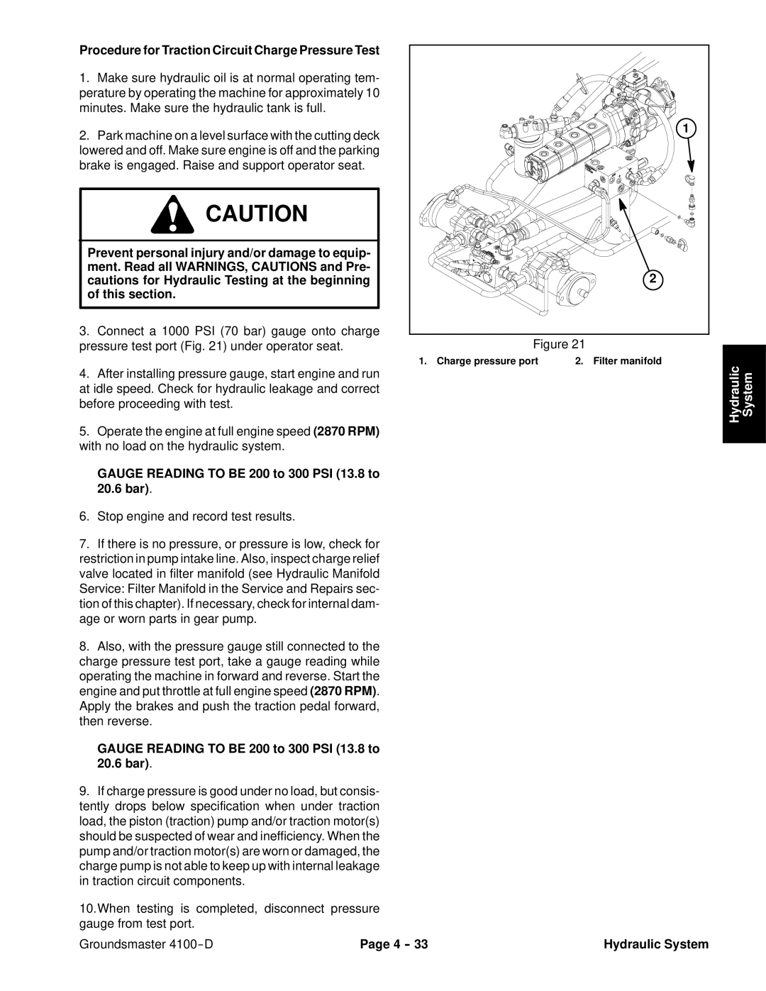 Toro 4100-D Procedure for Traction Circuit Charge Pressure Test, Gauge Reading to be 200 to 300 PSI 13.8 to 20.6 bar 