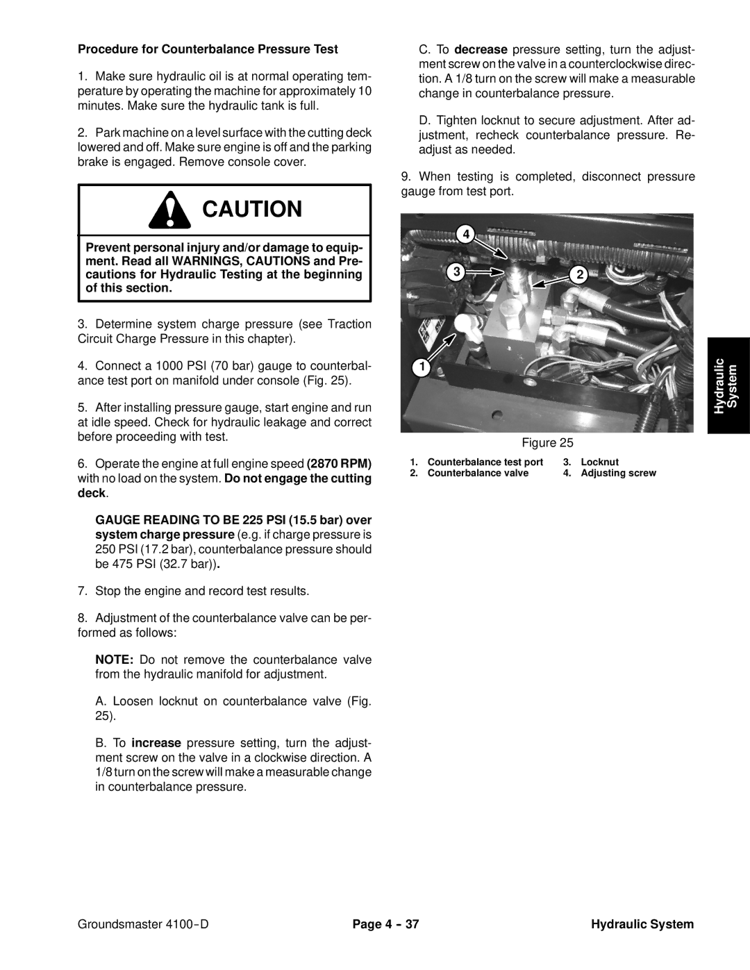 Toro 4100-D service manual Procedure for Counterbalance Pressure Test 