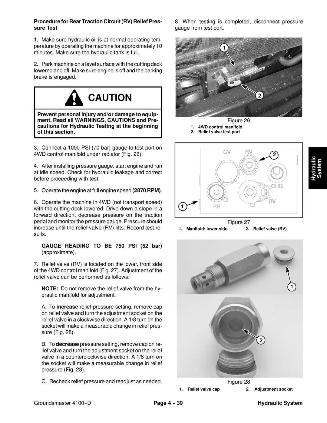 Toro 4100-D service manual Gauge Reading to be 750 PSI 52 bar approximate, HydraulicSystem 