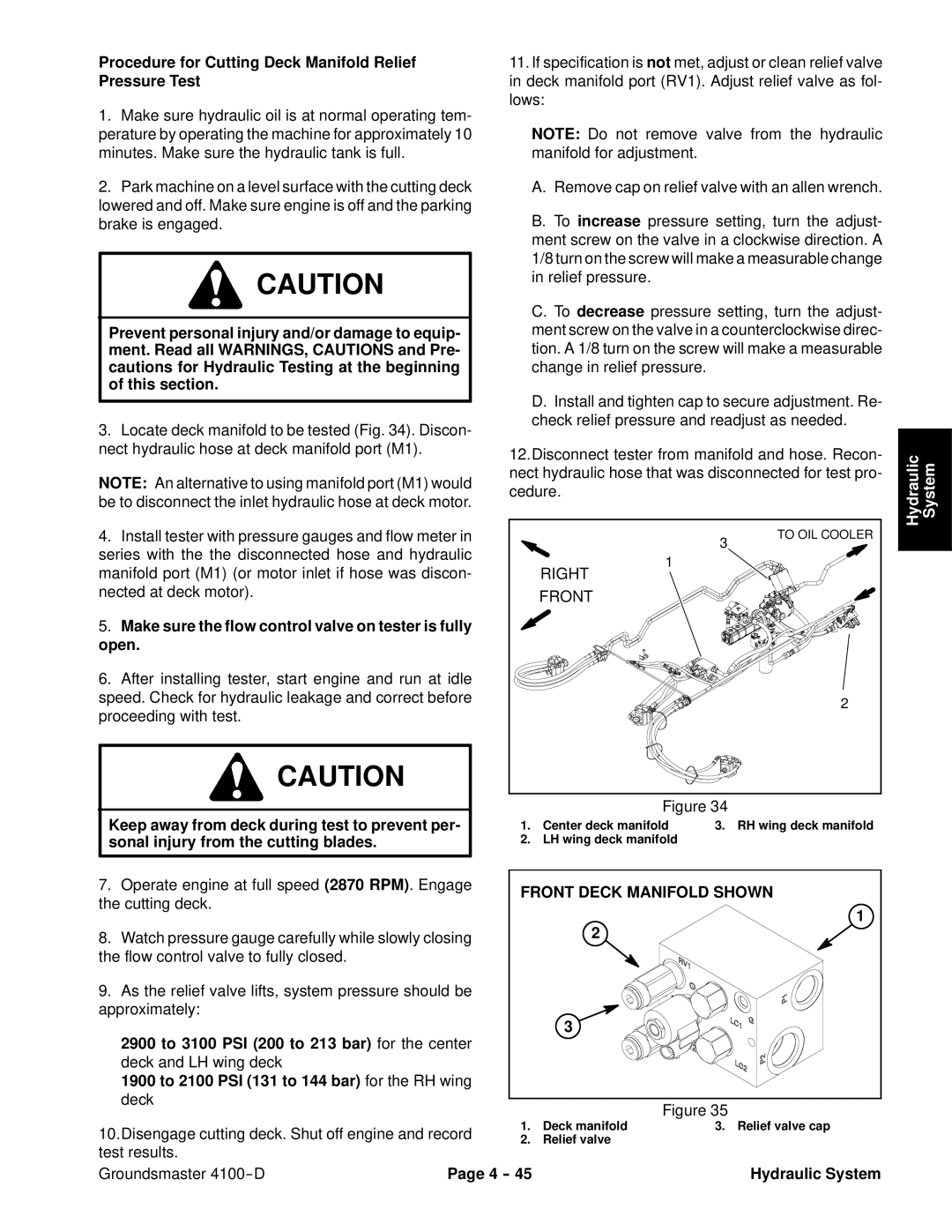 Toro 4100-D service manual Procedure for Cutting Deck Manifold Relief Pressure Test 