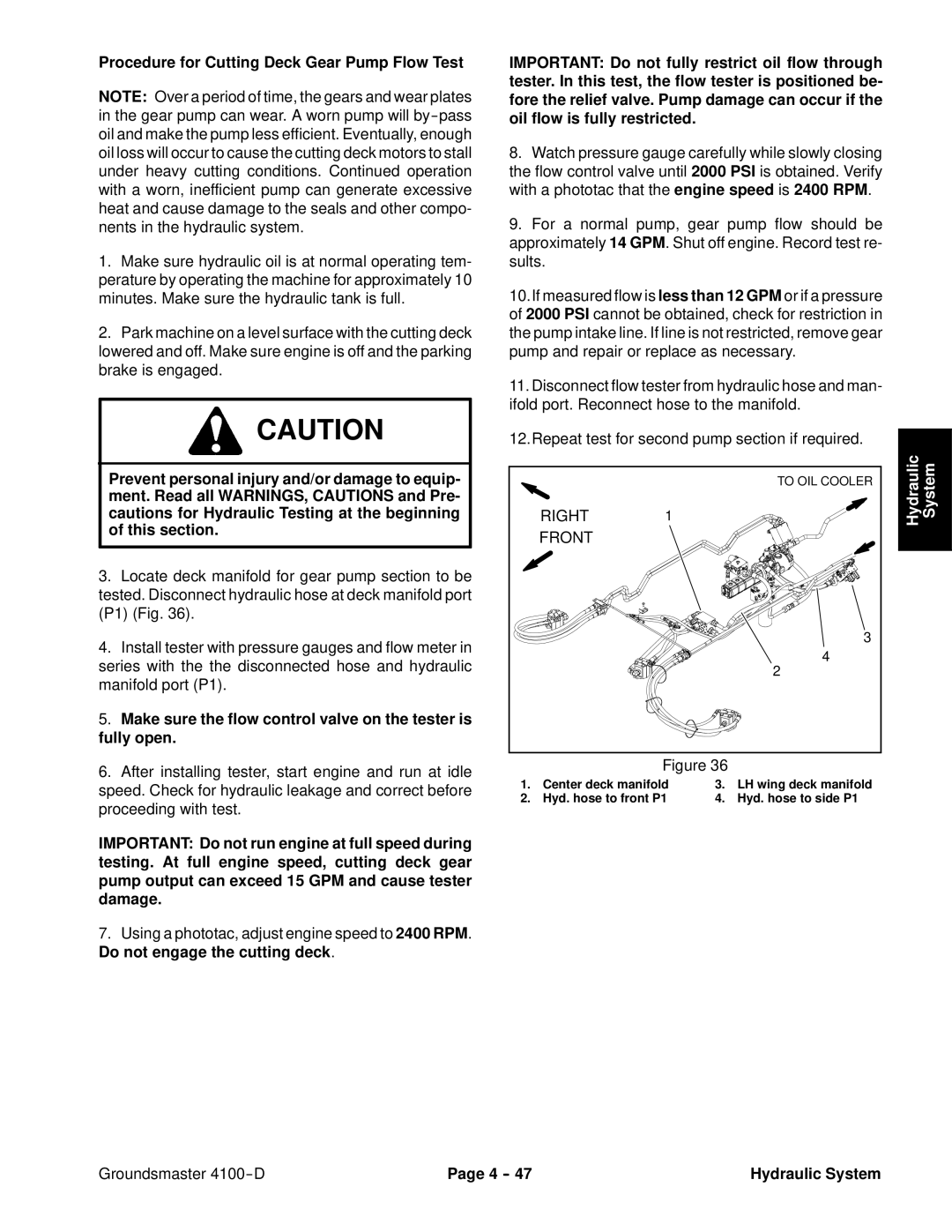 Toro 4100-D Procedure for Cutting Deck Gear Pump Flow Test, Make sure the flow control valve on the tester is fully open 