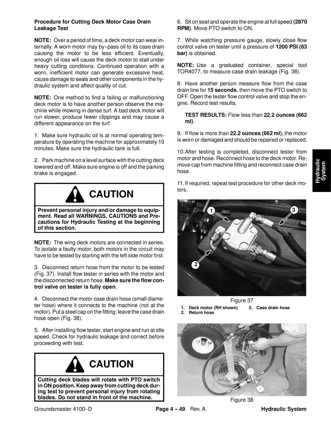 Toro 4100-D Procedure for Cutting Deck Motor Case Drain Leakage Test, Test Results Flow less than 22.2 ounces 662 ml 