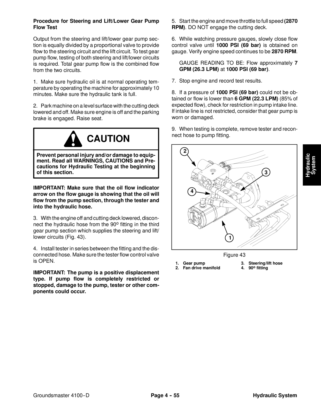 Toro 4100-D service manual Procedure for Steering and Lift/Lower Gear Pump Flow Test 