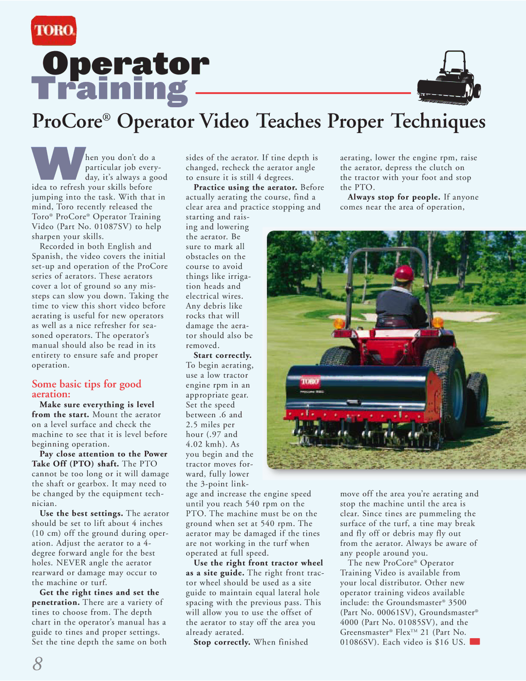 Toro 4500-D manual Training, Some basic tips for good aeration 