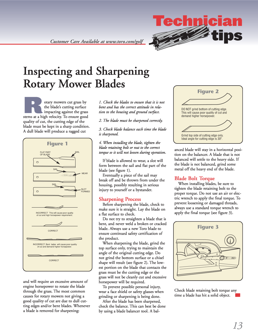 Toro 4500-D manual Inspecting and Sharpening Rotary Mower Blades, Sharpening Process, Blade Bolt Torque, Technician, tips 