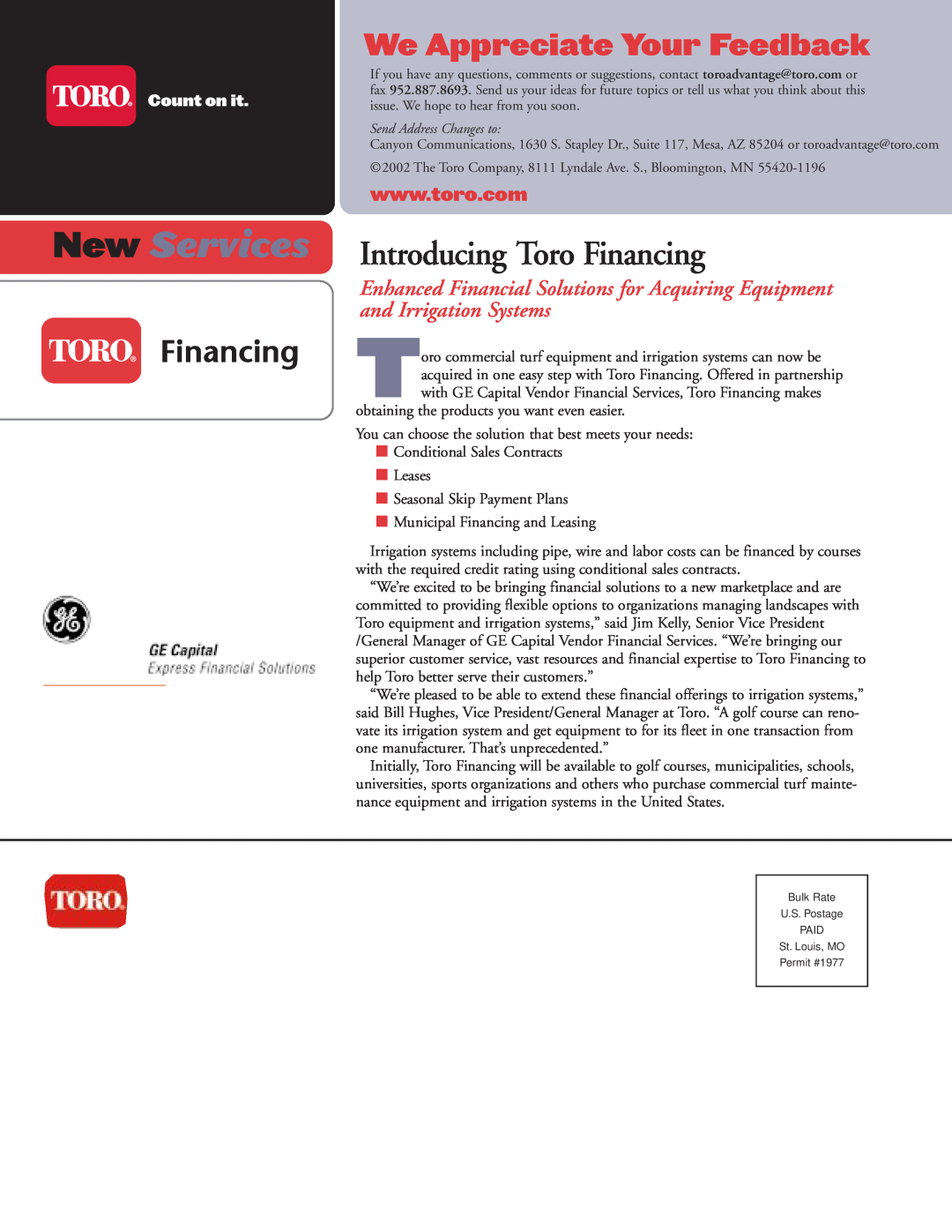 Toro 4500-D manual New Services, Introducing Toro Financing, We Appreciate Your Feedback 