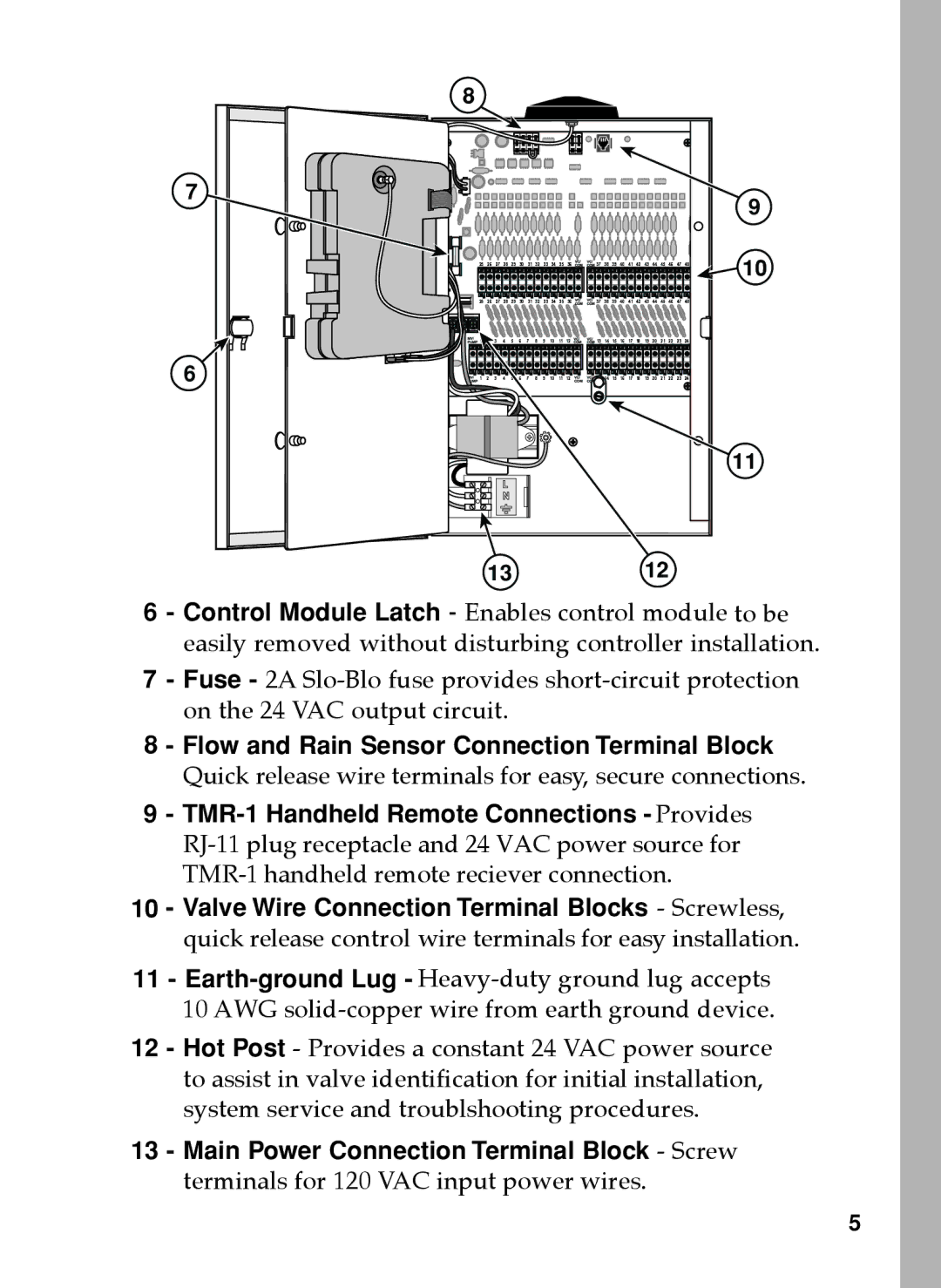 Toro 12, 48, 24, 36 manual Flow and Rain Sensor Connection Terminal Block, TMR-1 Handheld Remote Connections Provides 