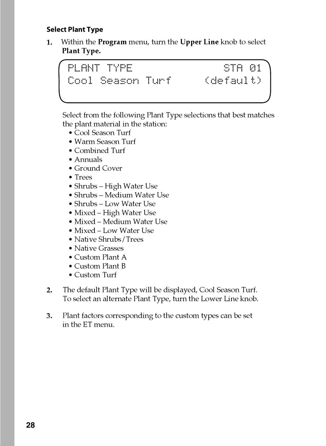 Toro 36, 48, 24, 12 manual Cool Season Turf Default, Select Plant Type 