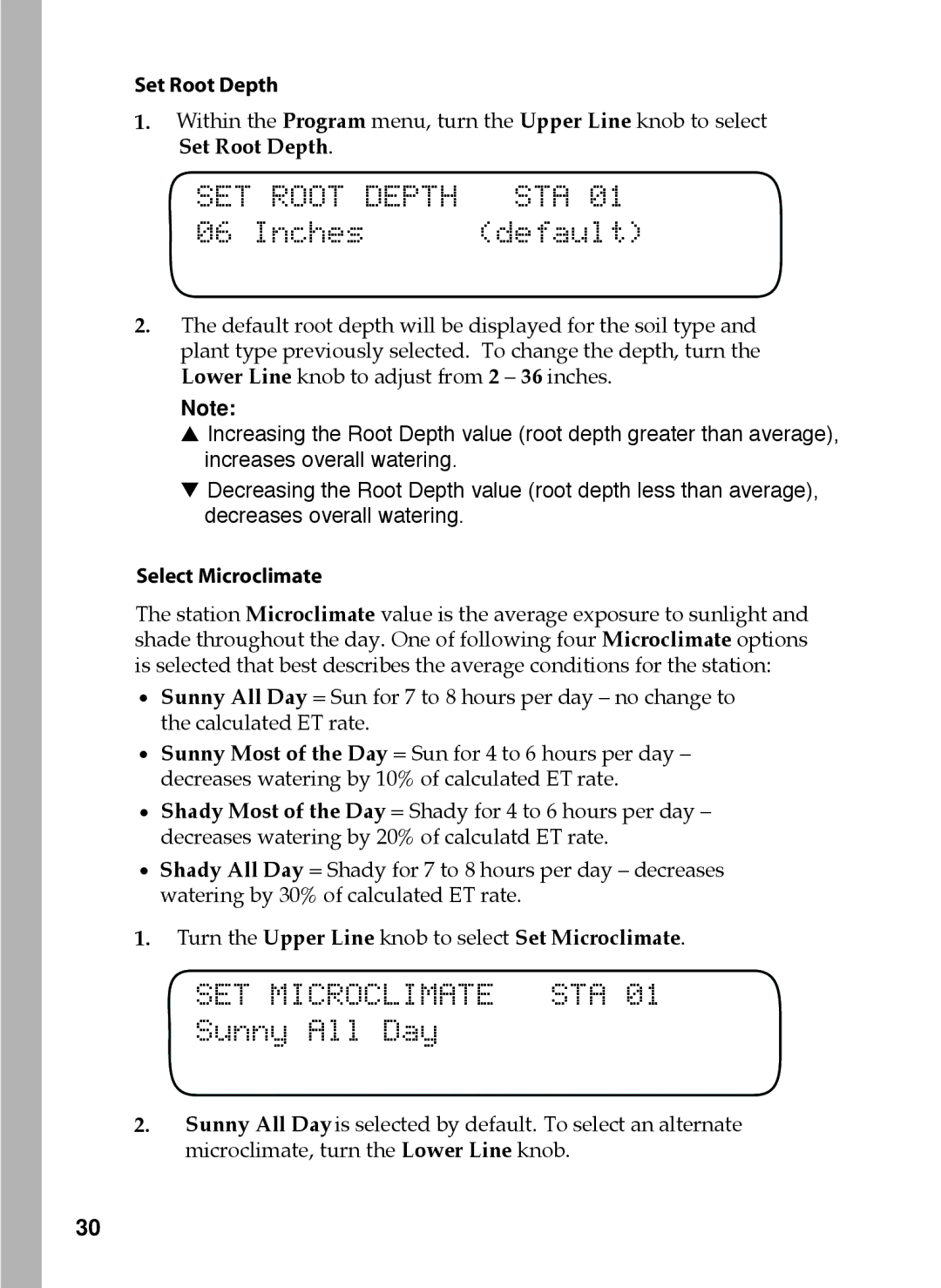 Toro 48, 24, 36, 12 manual Inches Default, SET Microclimate STA, Sunny All Day, Set Root Depth, Select Microclimate 