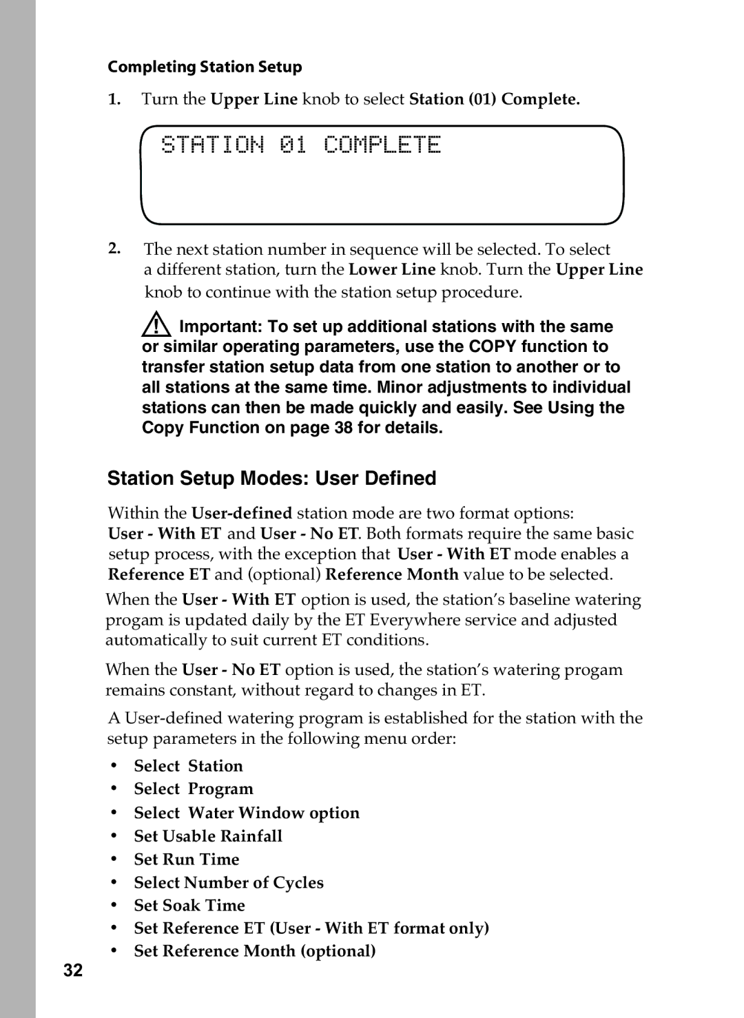 Toro 36, 48, 24, 12 manual Station 01 Complete, Station Setup Modes User Defined, Completing Station Setup 