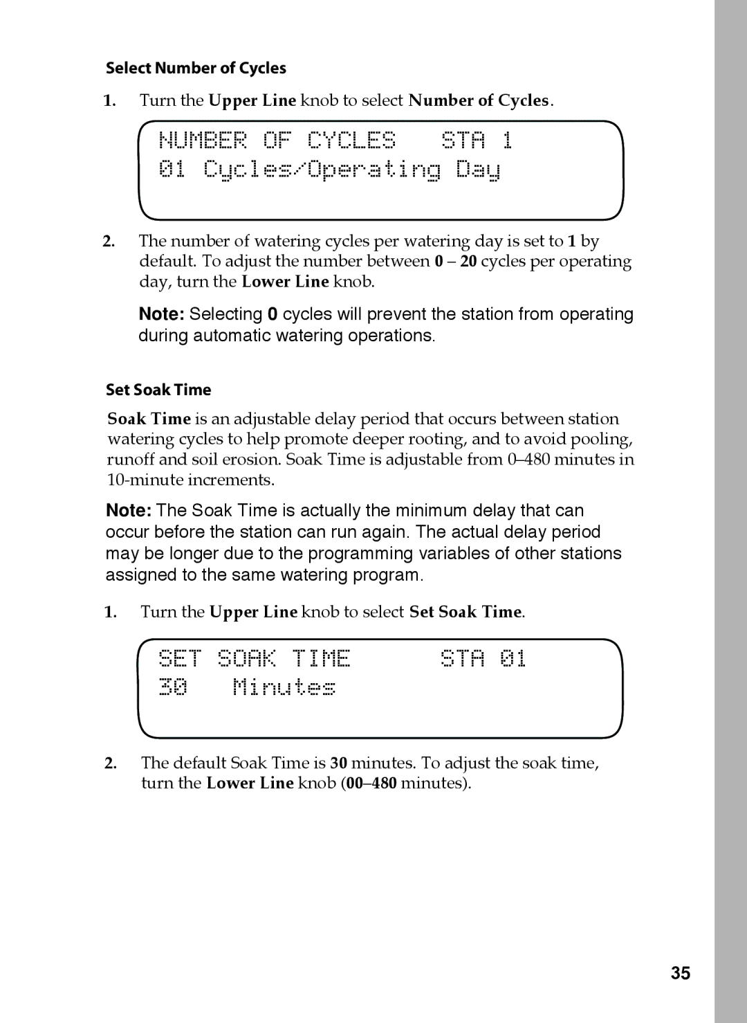 Toro 24, 48, 36, 12 Number of Cycles STA 1 01 Cycles/Operating Day, SET Soak Time, Select Number of Cycles, Set Soak Time 