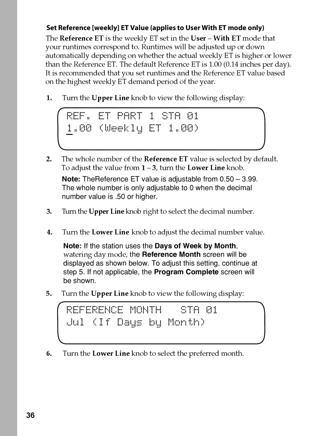 Toro 36, 48, 24, 12 manual REF. ET Part 1 STA 01 1.00 Weekly ET, Jul If Days by Month 