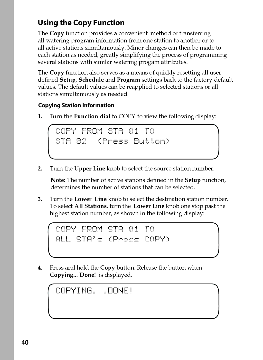 Toro 36, 48, 24 Copy from STA 01 to, STA 02 Press Button, ALL STA’s Press Copy, Copying...Done, Copying Station Information 