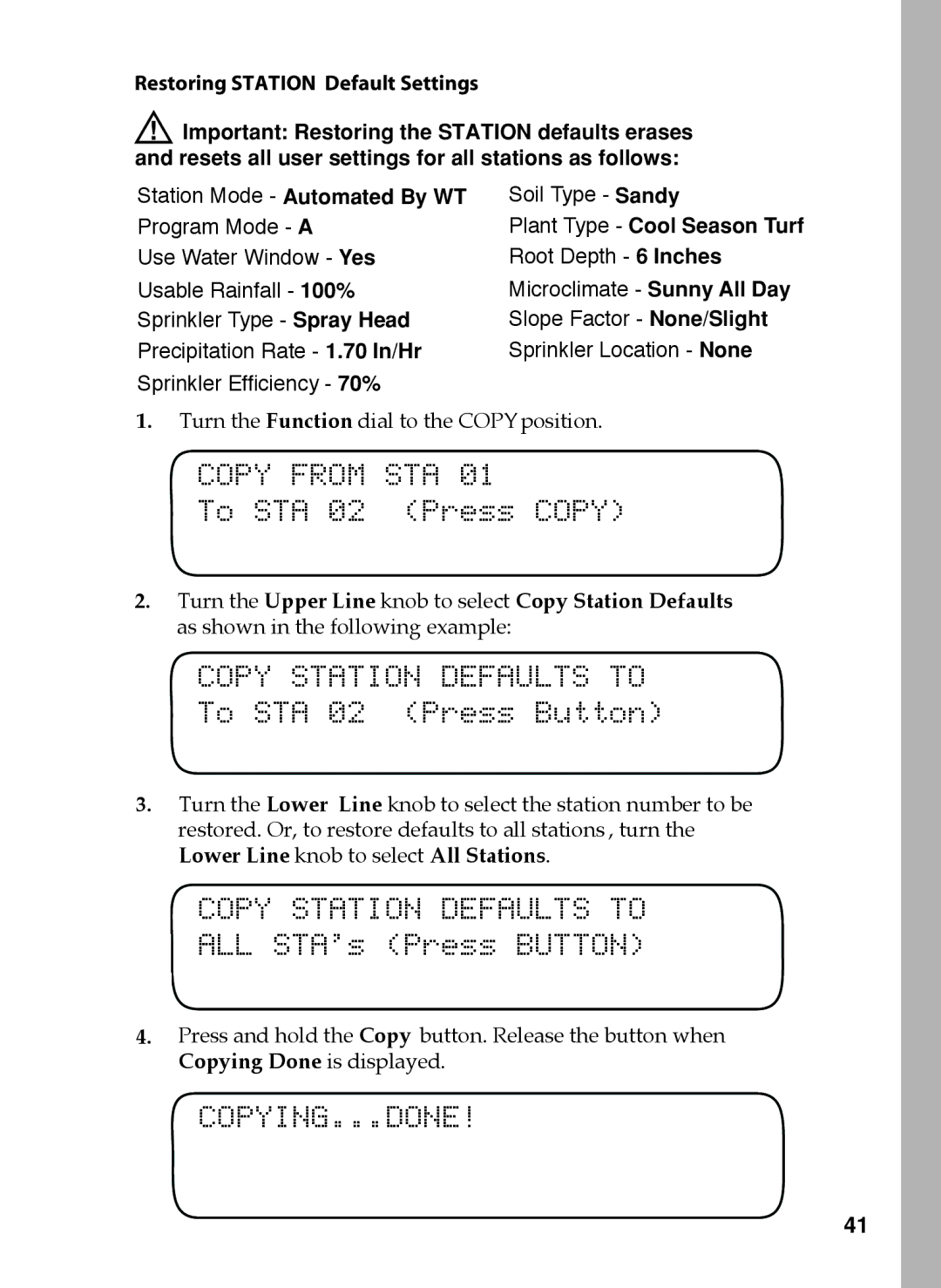 Toro 12, 48 Copy from STA, To STA 02 Press Copy, Copy Station Defaults to, To STA 02 Press Button, ALL STA’s Press Button 