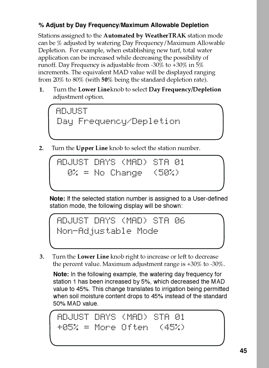 Toro 12, 48, 24, 36 manual Day Frequency/Depletion, Adjust Days MAD STA 01 0% = No Change 50%, Non-Adjustable Mode 