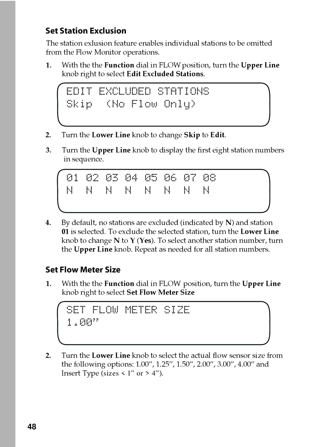 Toro 36, 48, 24, 12 Edit Excluded Stations, Skip No Flow Only, 01 02 03 04 05 06 07 08 N N N N N N N N, SET Flow Meter Size 