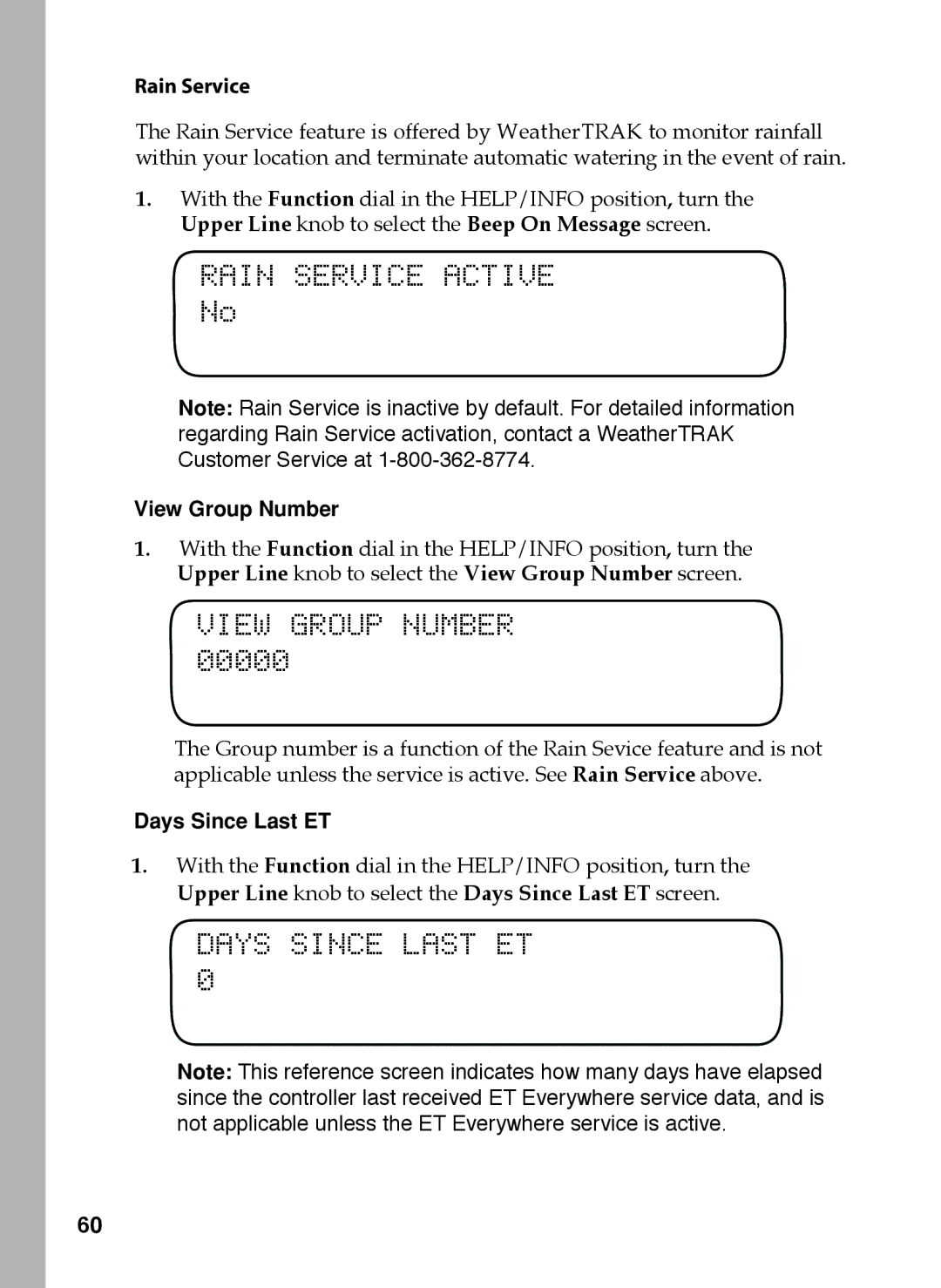Toro 36, 48, 24, 12 manual Rain Service Active, View Group Number, Days Since Last ET 