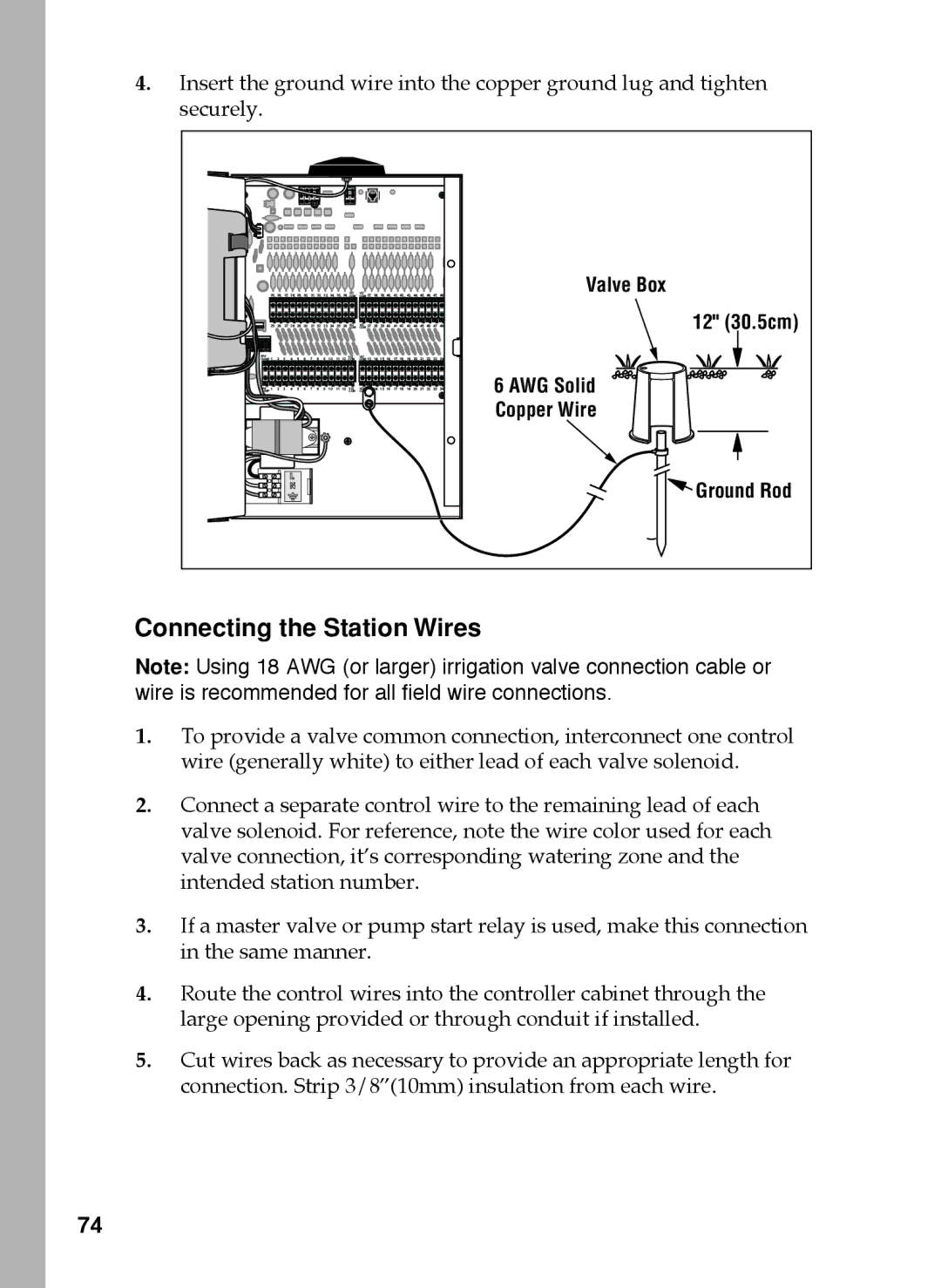 Toro 48, 24, 36 manual Connecting the Station Wires, Valve Box 12 30.5cm AWG Solid Copper Wire Ground Rod 