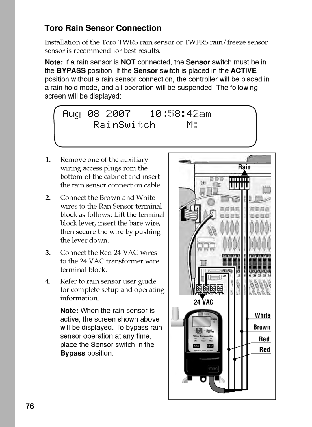 Toro 36, 48, 12 manual Aug 08 2007 105842am RainSwitch M, Toro Rain Sensor Connection, Rain 24 VAC White Brown Red 