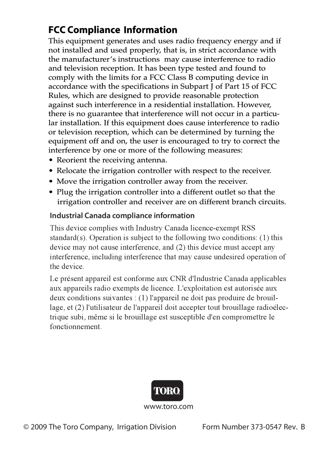 Toro 48, 24, 36, 12 manual Industrial Canada compliance information 