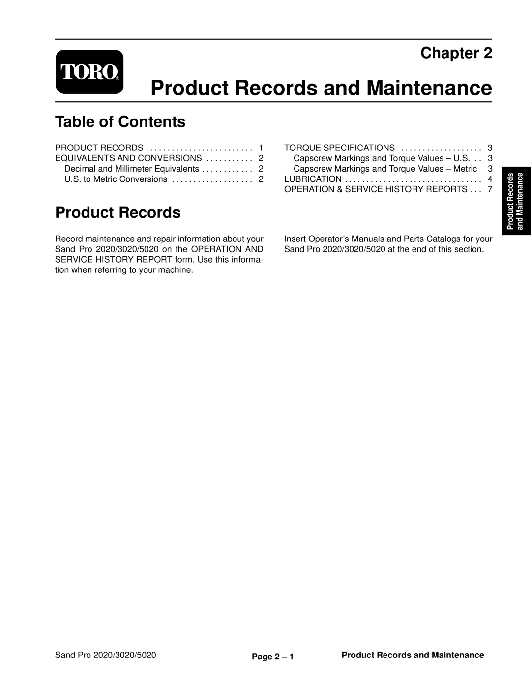 Toro service manual Sand Pro 2020/3020/5020 Product Records and Maintenance 