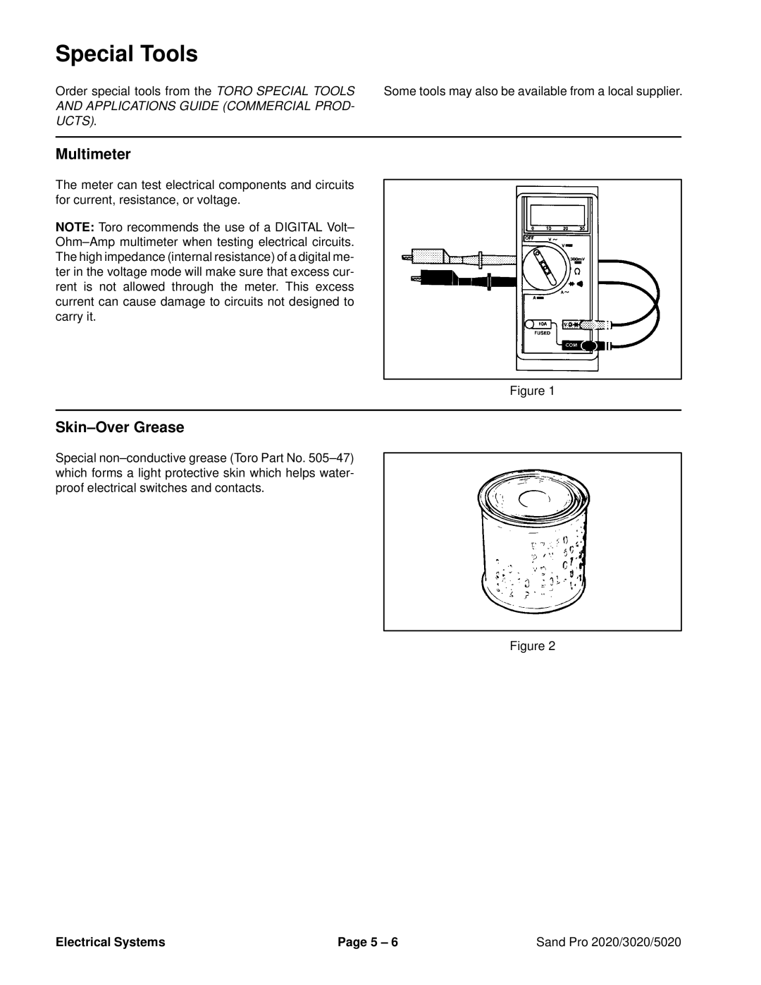 Toro service manual Multimeter, Skin-Over Grease, Electrical Systems Sand Pro 2020/3020/5020 