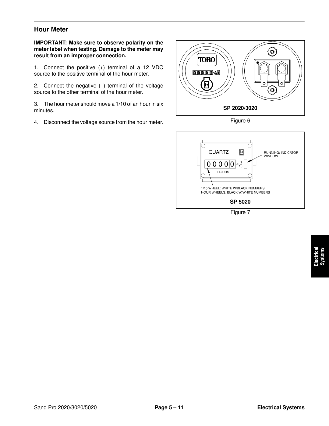 Toro 5020 service manual Hour Meter, SP 2020/3020 