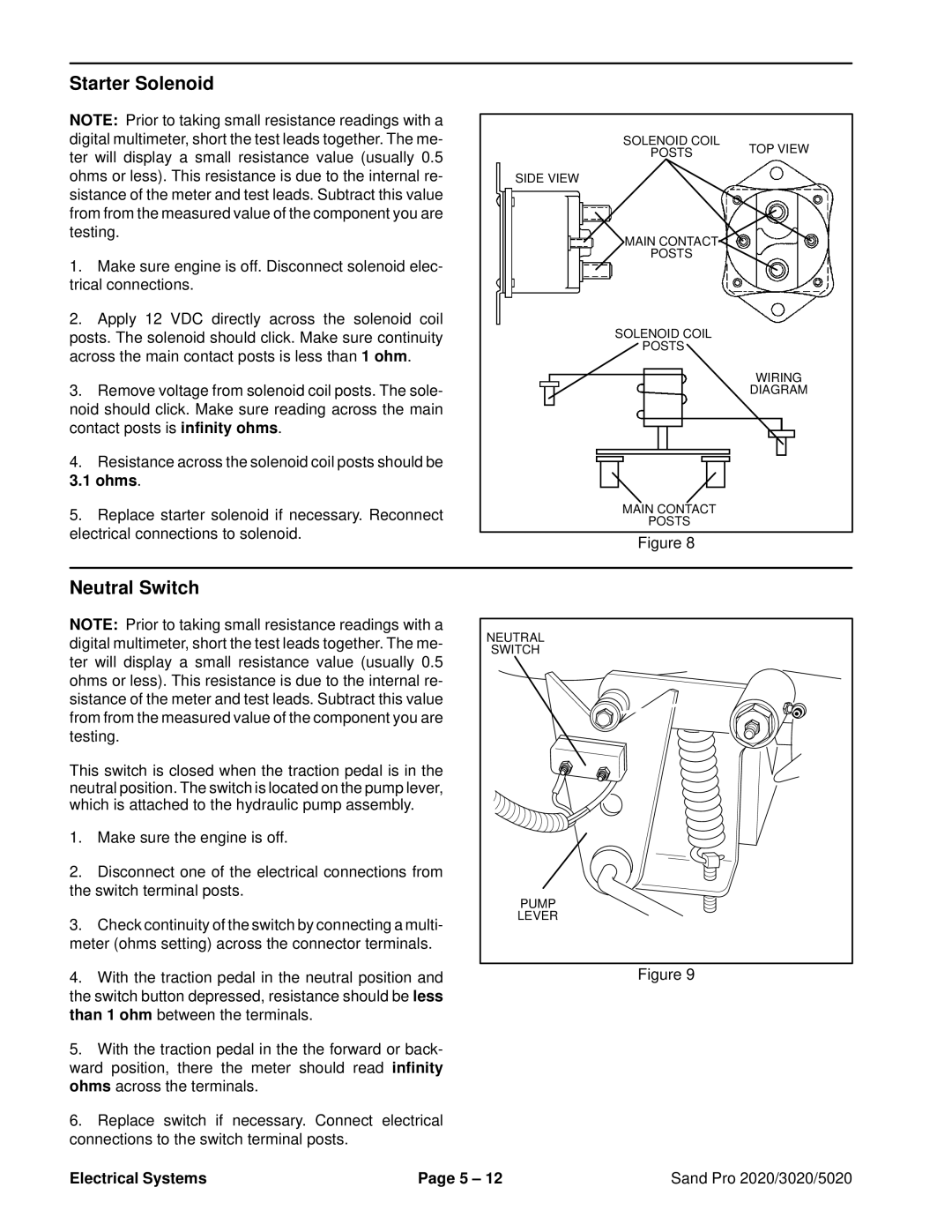 Toro 5020, 2020, 3020 service manual Starter Solenoid, Neutral Switch, Ohms 