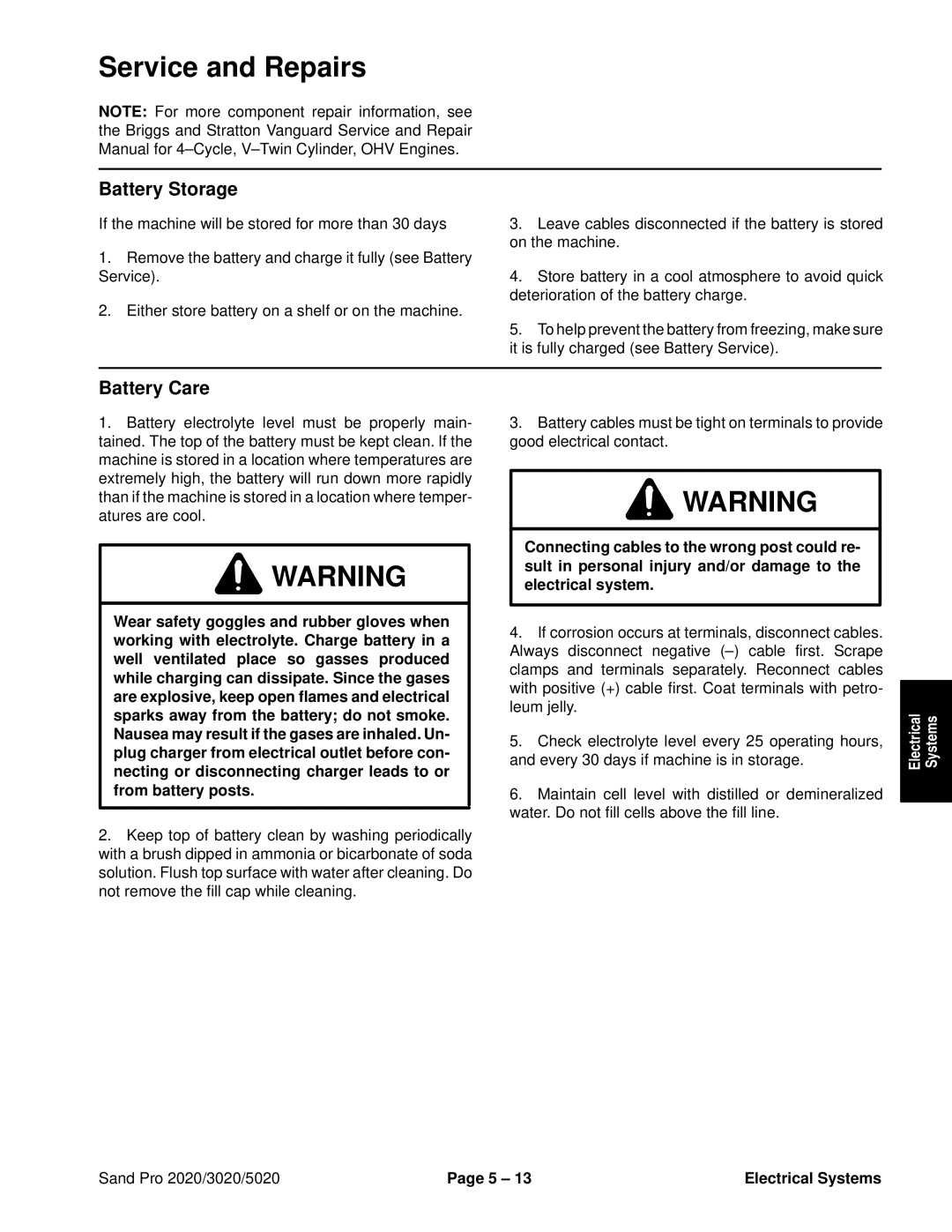 Toro 2020, 5020, 3020 service manual Battery Storage, Battery Care 