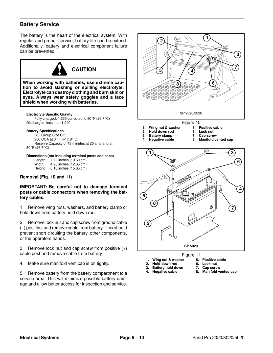 Toro 3020, 5020, 2020 service manual Battery Service, Battery Specifications 