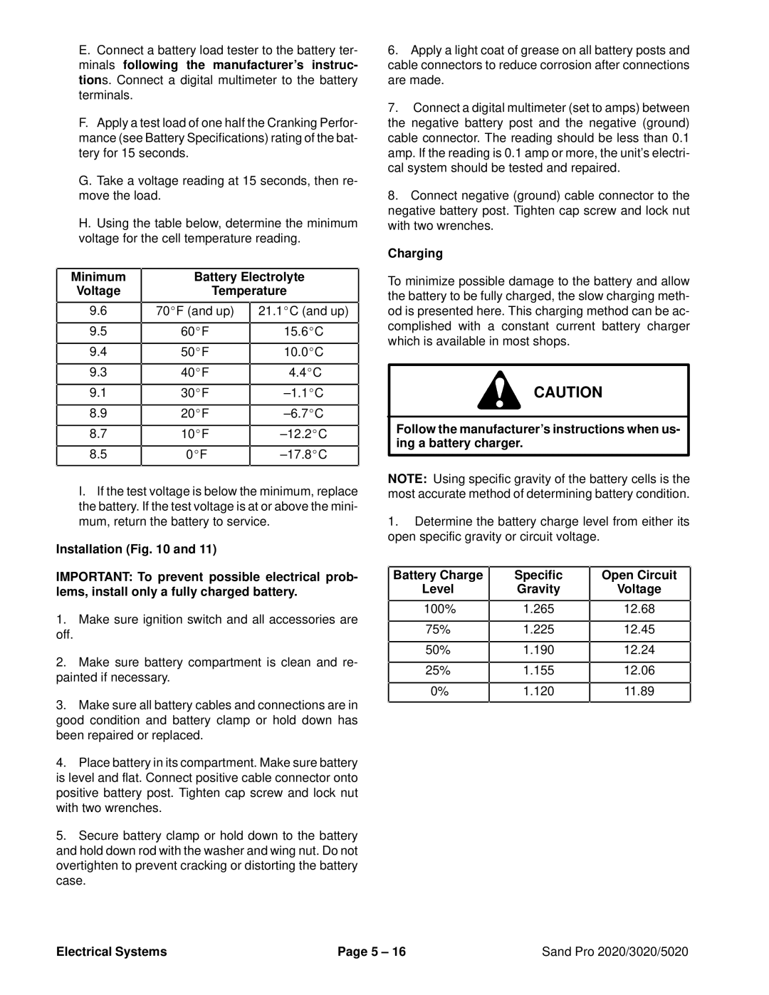 Toro 2020, 5020, 3020 Minimum Battery Electrolyte, Charging, Battery Charge Specific Open Circuit, Gravity Voltage 