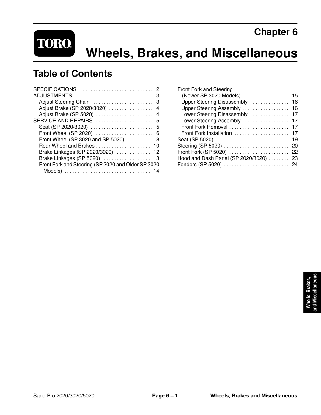 Toro service manual Wheels, Brakes, and Miscellaneous, Sand Pro 2020/3020/5020 Wheels, Brakes,and Miscellaneous 