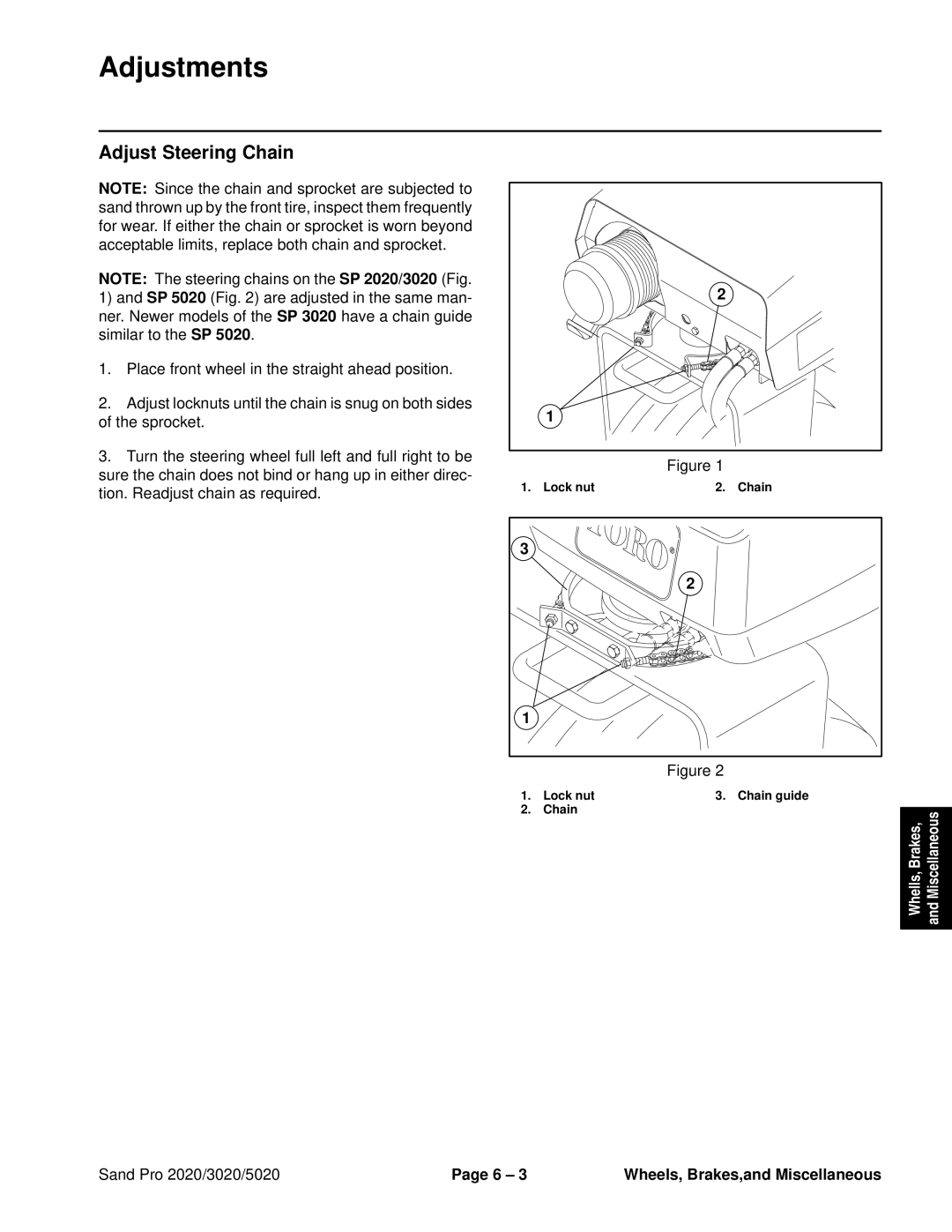 Toro 5020, 2020, 3020 service manual Adjustments, Adjust Steering Chain 