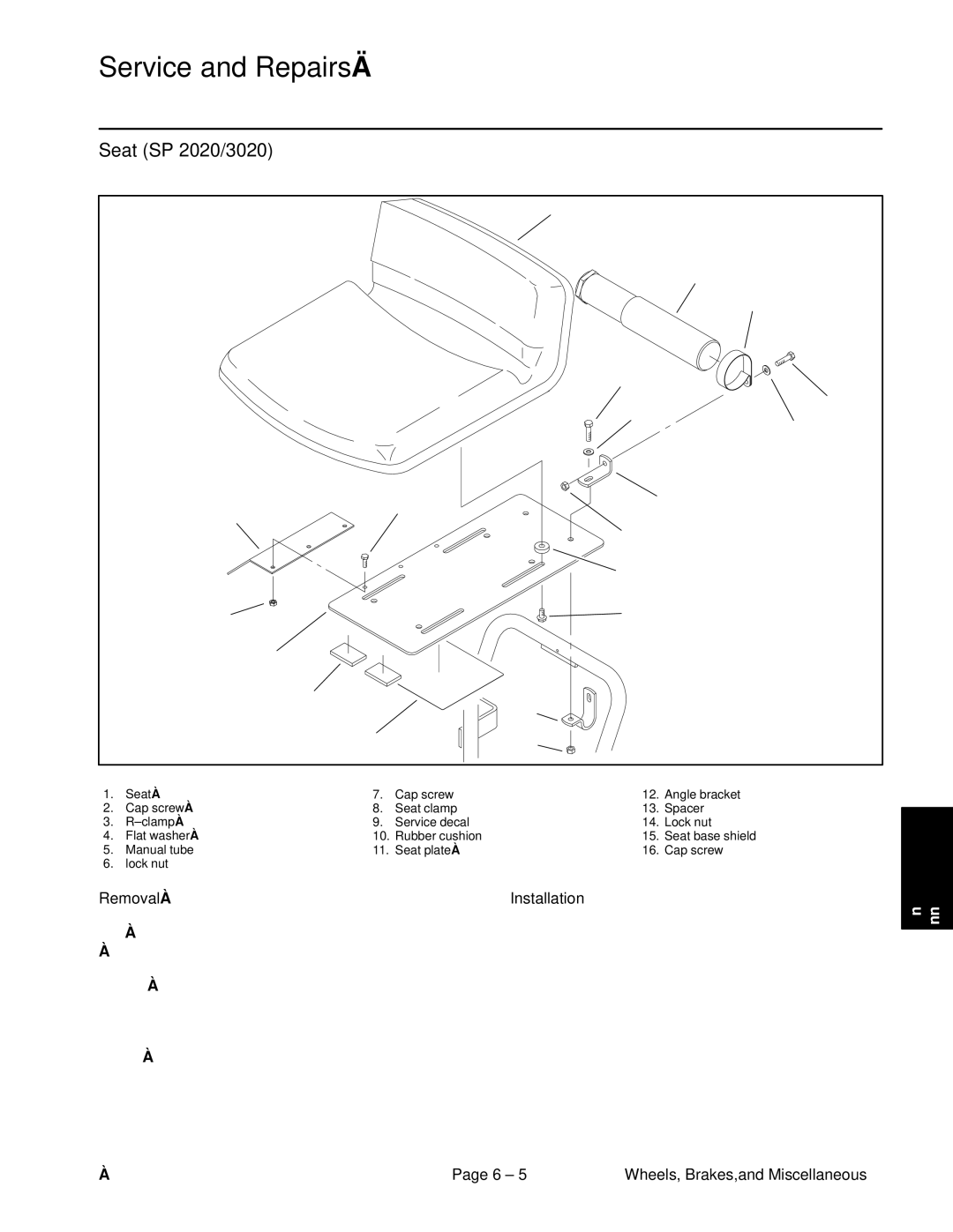 Toro 5020 service manual Service and Repairs, Seat SP 2020/3020 