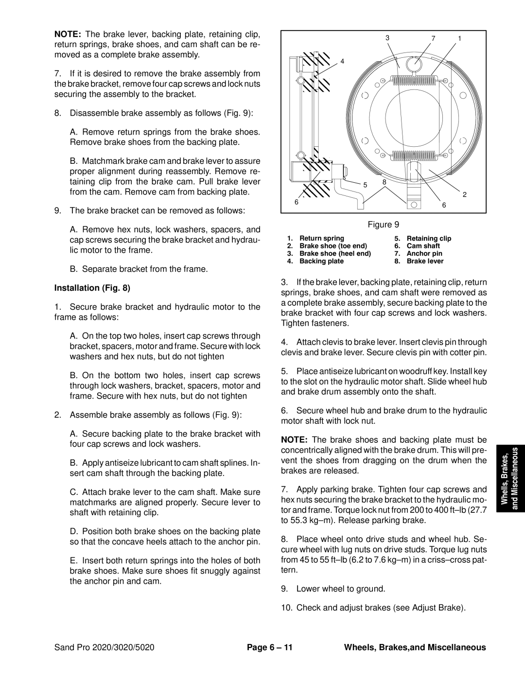 Toro 3020, 5020, 2020 service manual Brake shoe toe end 