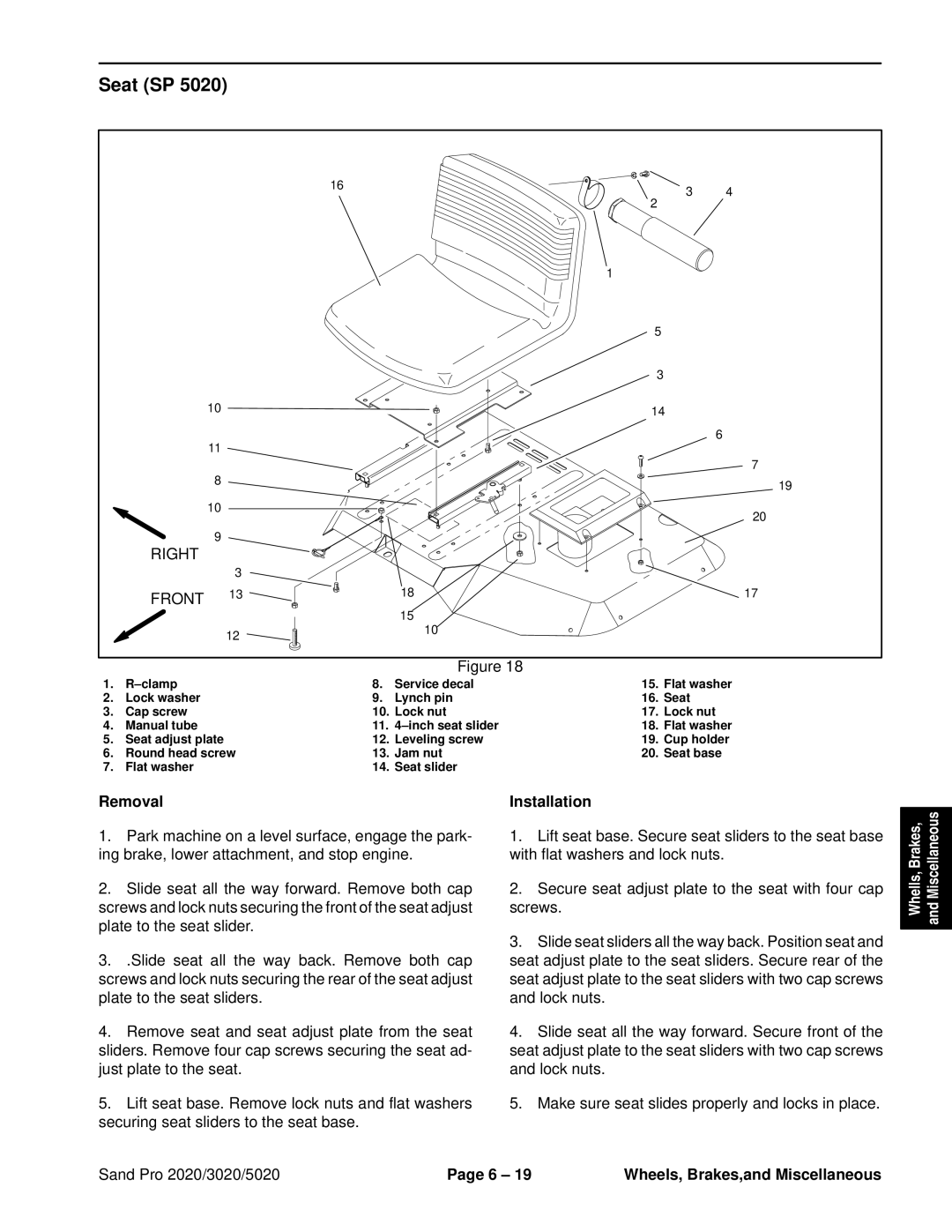 Toro 2020, 5020, 3020 service manual Seat SP, Removal 