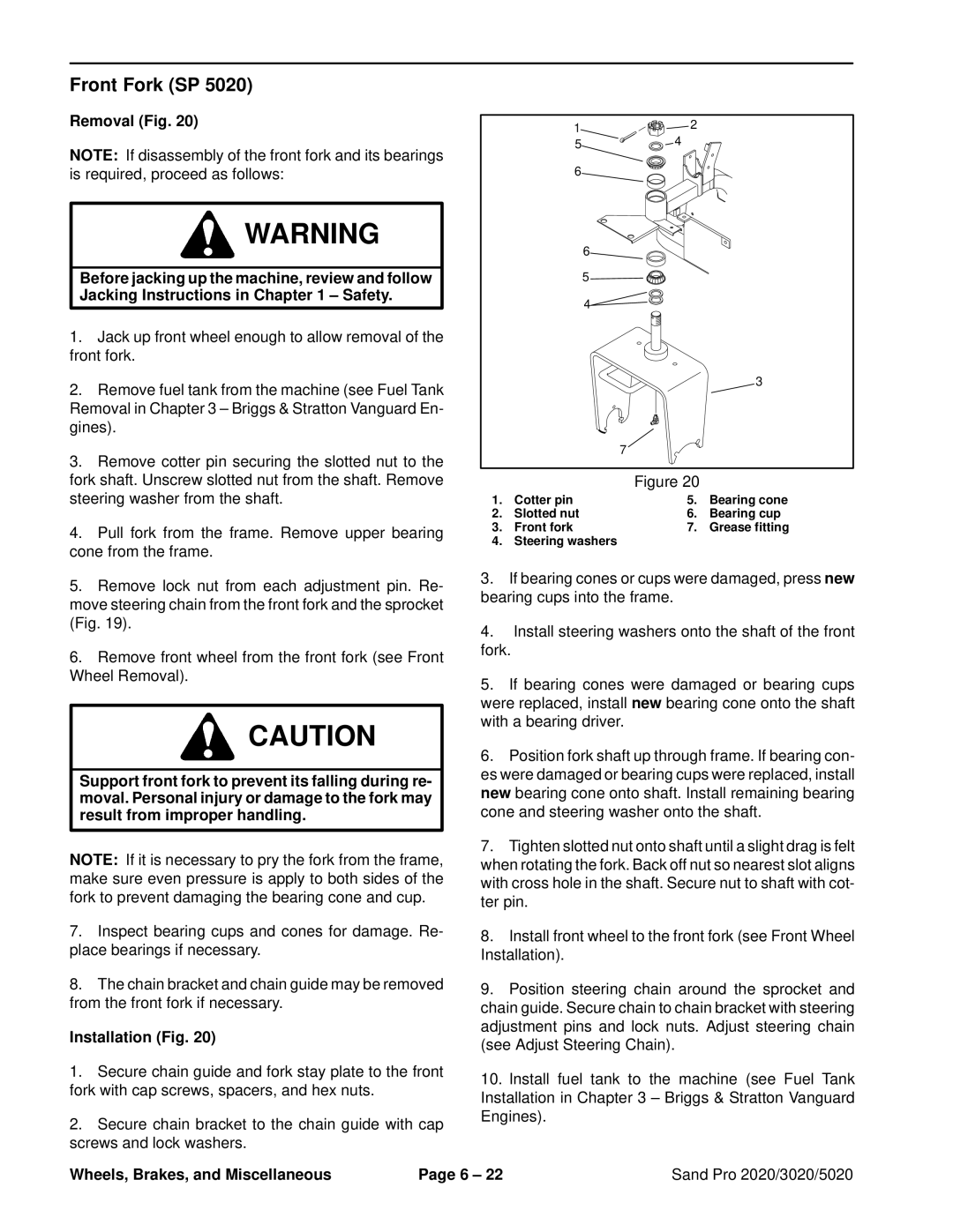 Toro 2020, 5020, 3020 service manual Front Fork SP, Removal Fig 