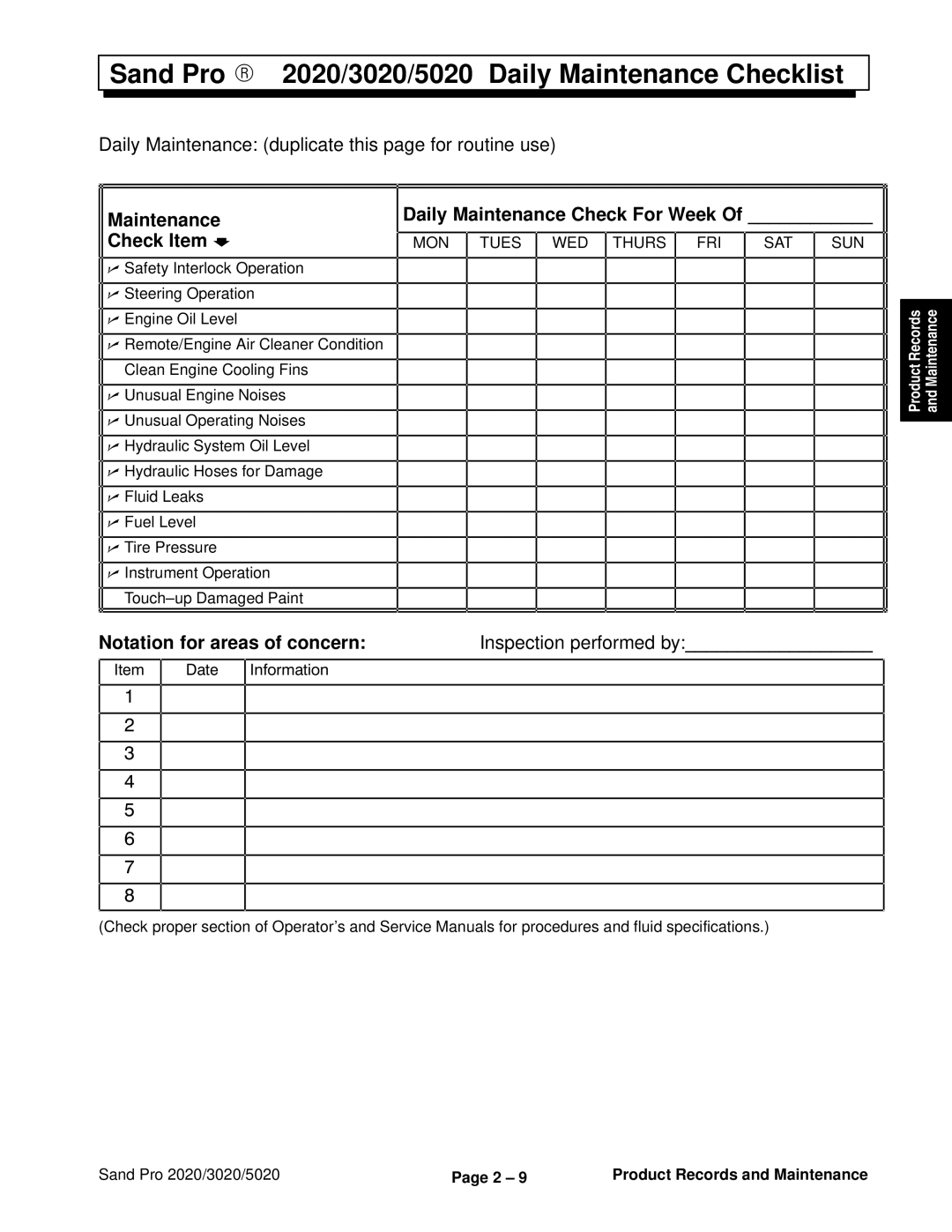 Toro 2020, 5020, 3020 service manual Maintenance Daily Maintenance Check For Week Check Item b, Notation for areas of concern 