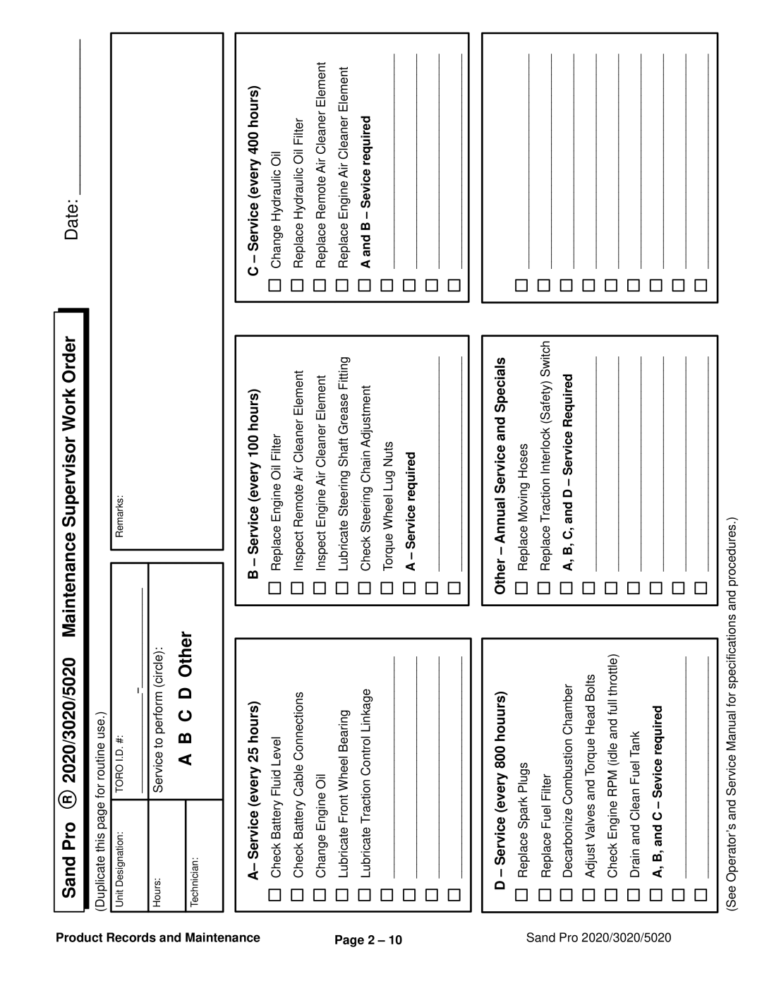 Toro 3020, 5020, 2020 service manual B Sevice required, Supervisor 