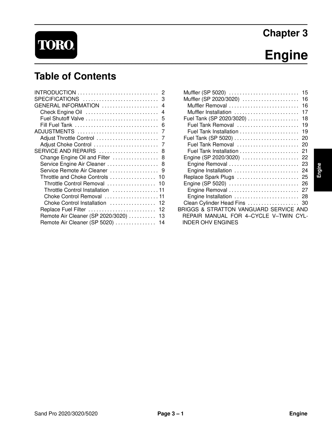 Toro service manual Sand Pro 2020/3020/5020 Engine 