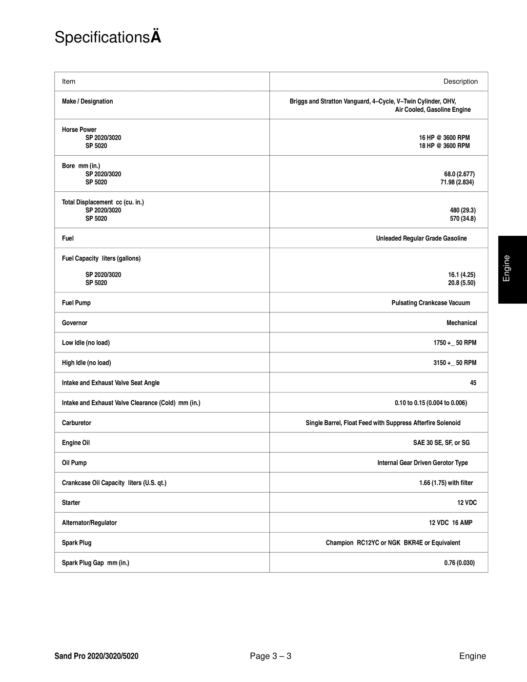 Toro 3020, 5020, 2020 service manual Specifications, Description 