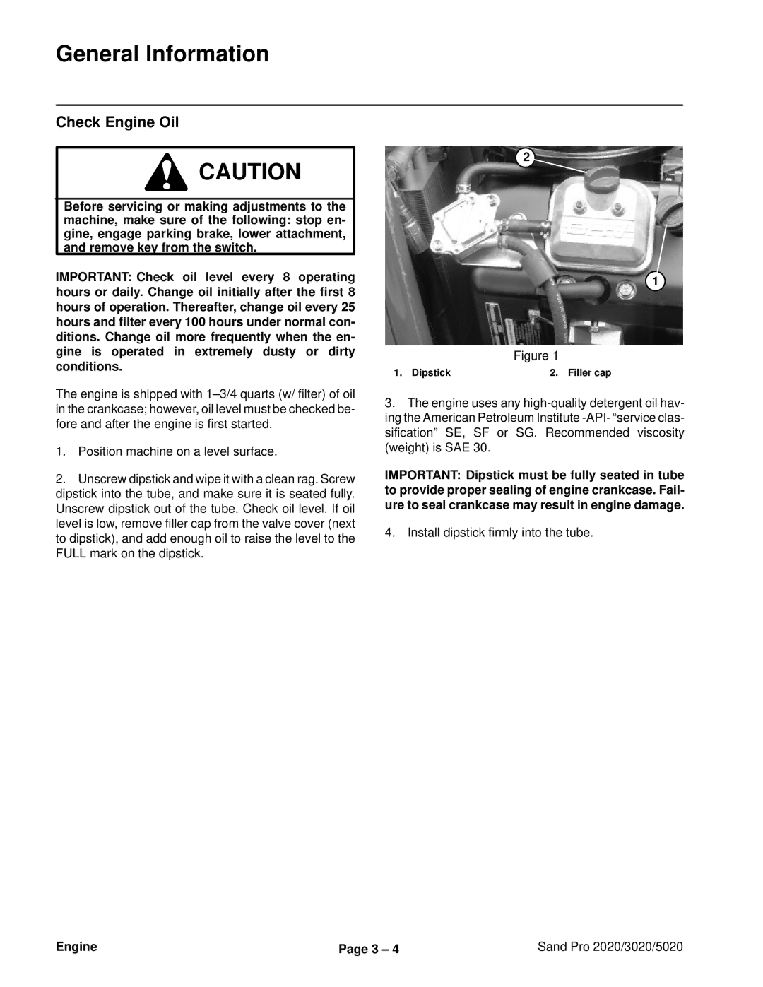 Toro 5020, 2020, 3020 service manual General Information, Check Engine Oil 