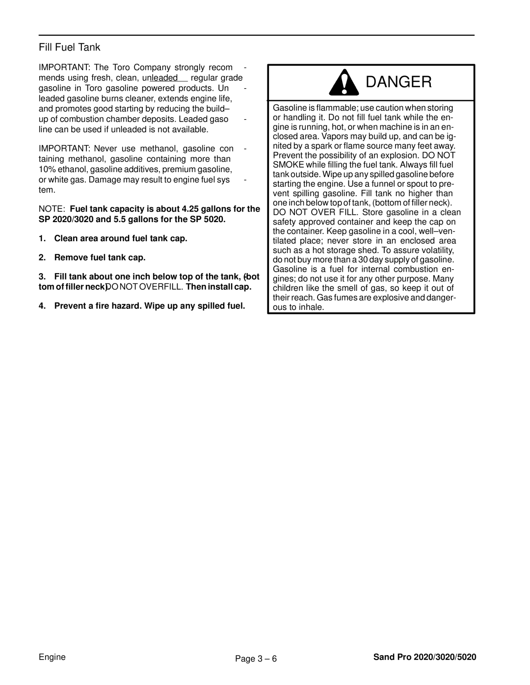 Toro 3020, 5020, 2020 service manual Fill Fuel Tank, Clean area around fuel tank cap Remove fuel tank cap 