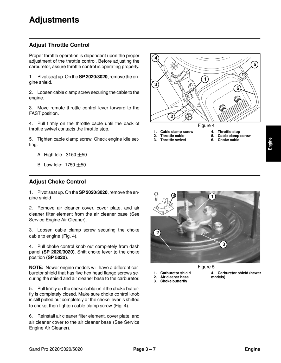 Toro 5020, 2020, 3020 service manual Adjustments, Adjust Throttle Control, Adjust Choke Control 