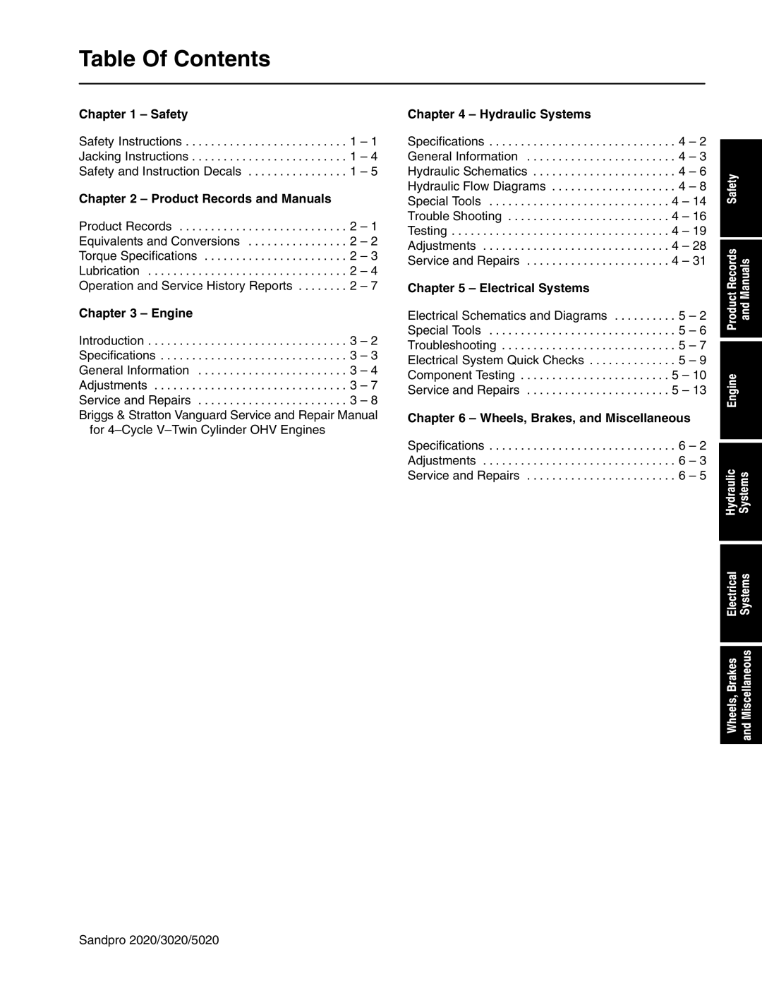 Toro 5020, 2020, 3020 service manual Table Of Contents 