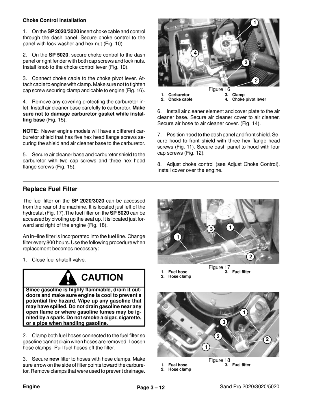 Toro 3020, 5020, 2020 service manual Replace Fuel Filter, Choke Control Installation 